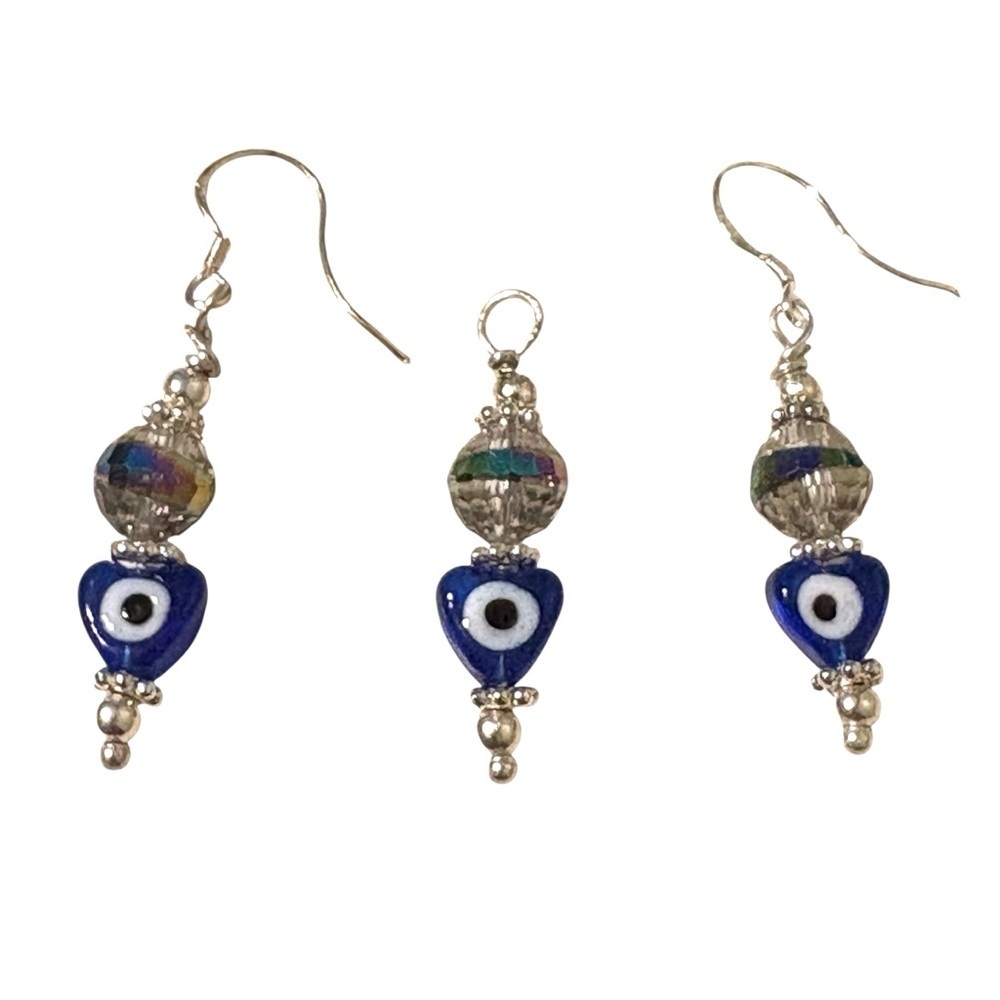 Evil Eye Glass Heart Dangle Earrings and Necklace Charm